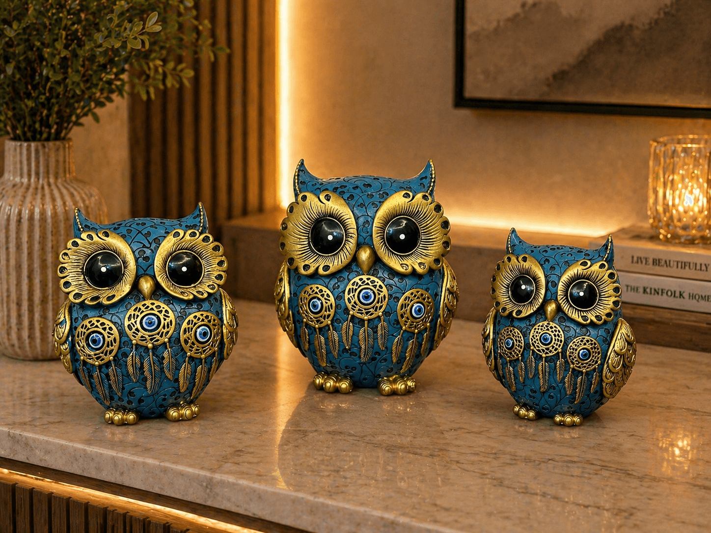 Blue & Gold Owl Showpiece for Home Decor | Modern Decorative Owl Figurine for Living Room & Office