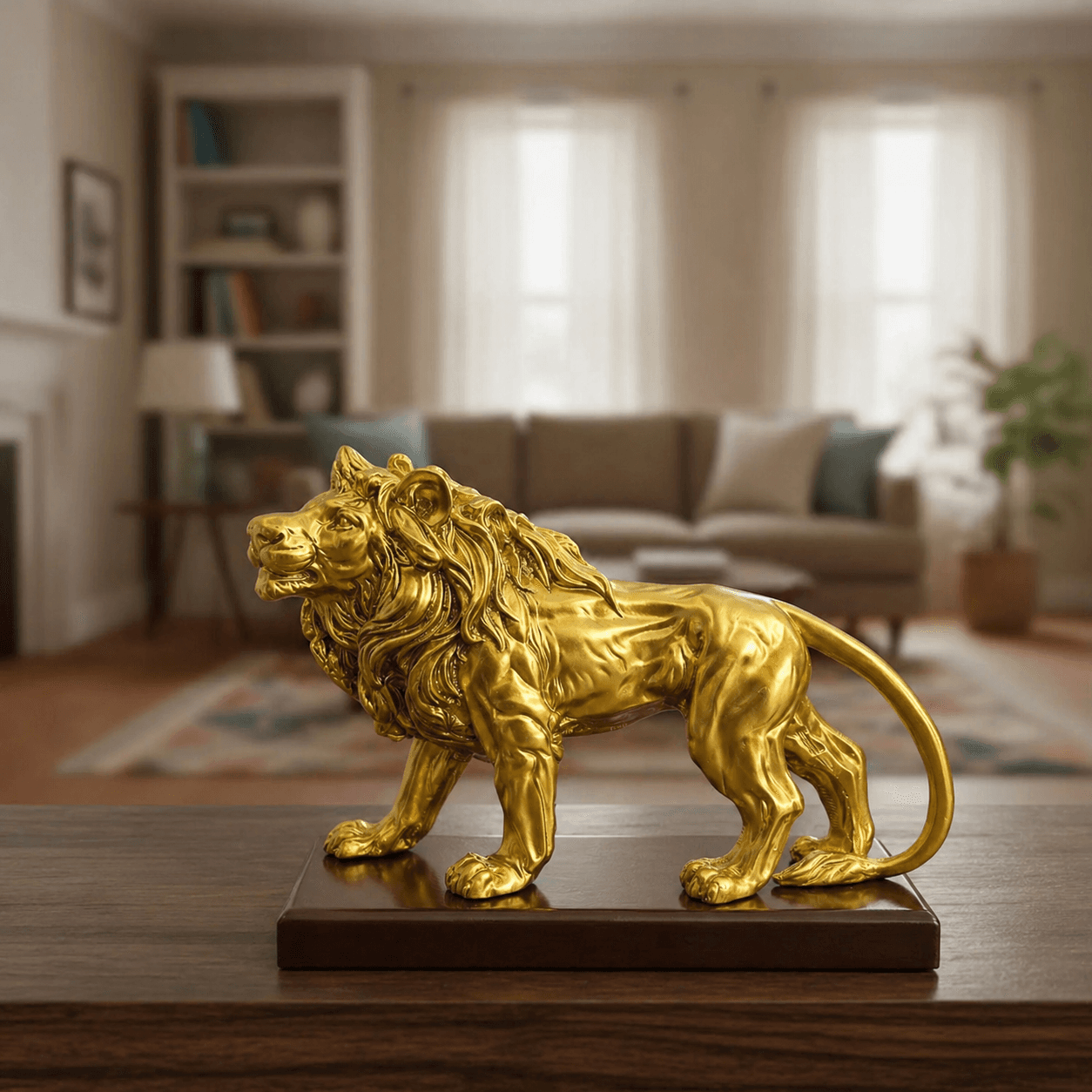 Highly detailed premium golden lion statue showpiece on a dark wooden base, placed on a table in a modern living room