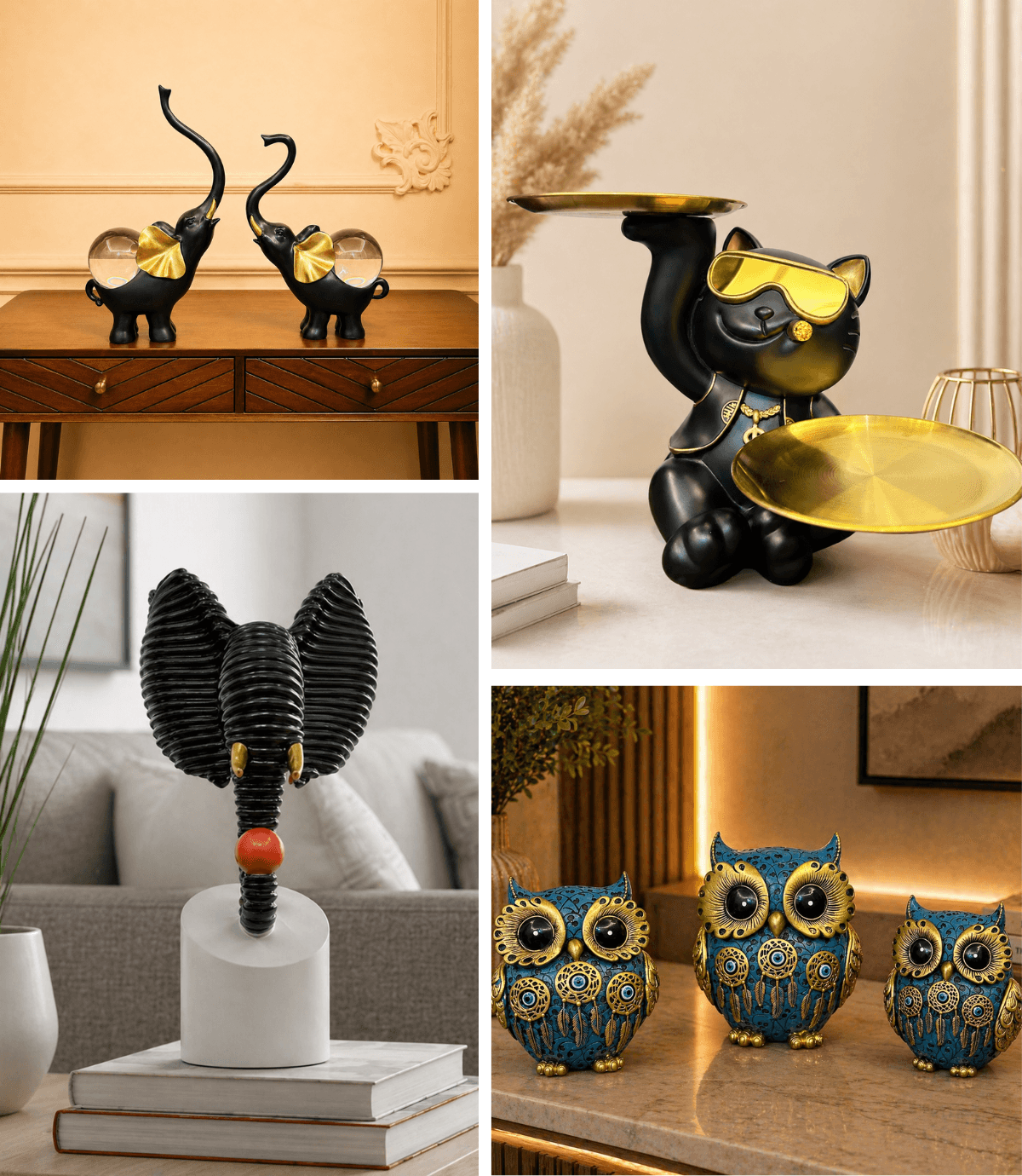 Blue & Gold Owl Showpiece for Home Decor | Modern Decorative Owl Figurine for Living Room & Office