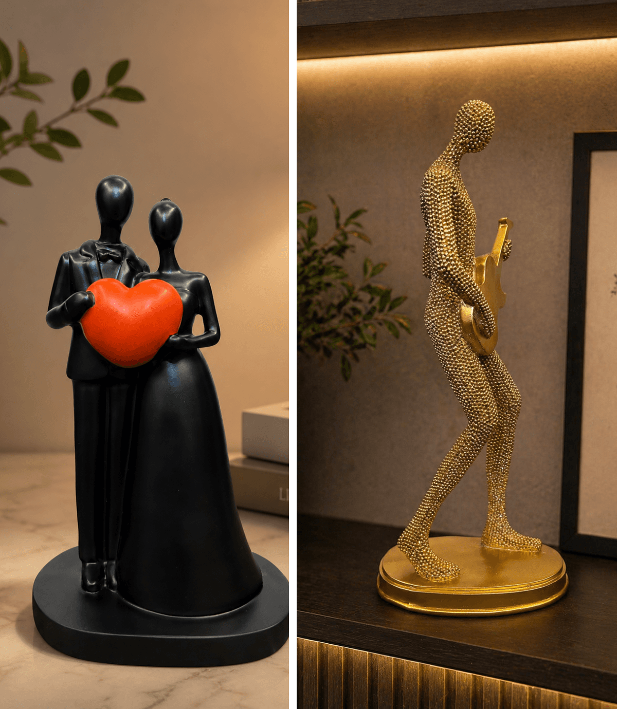 Modern black abstract sculpture of a couple holding a bright red heart, placed on a marble table with candles for romantic bedroom decor