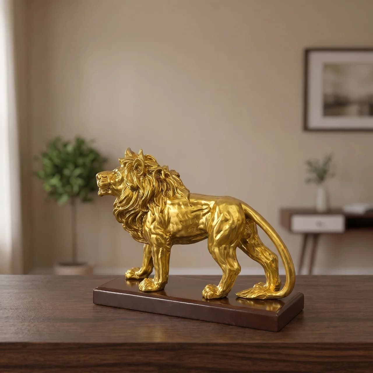 Highly detailed premium golden lion statue showpiece on a dark wooden base, placed on a table in a modern living room preview 2