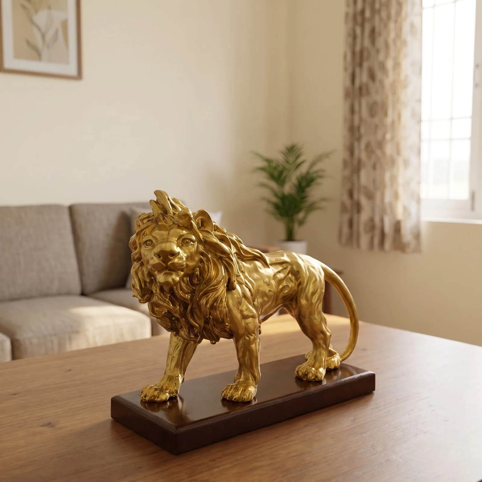 Highly detailed premium golden lion statue showpiece on a dark wooden base, placed on a table in a modern living room